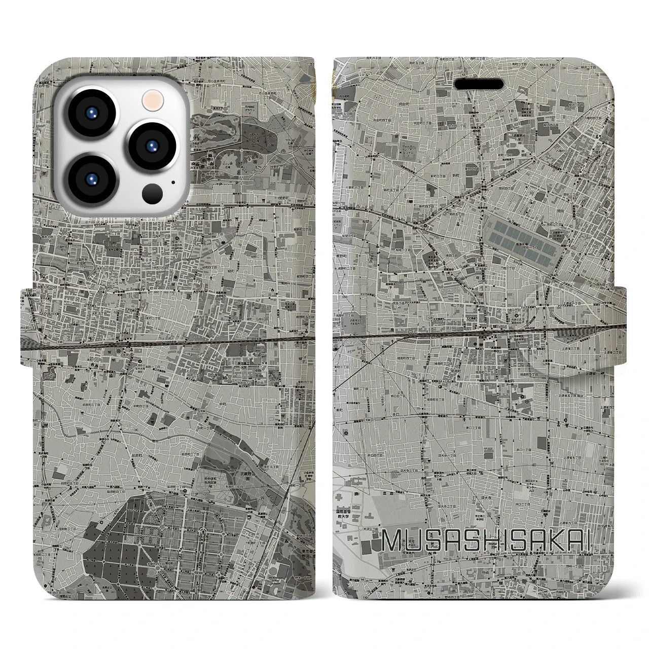 【武蔵境2(東京都)】地図柄iPhoneケース(手帳タイプ)モノトーン・iPhone 13 Pro 用