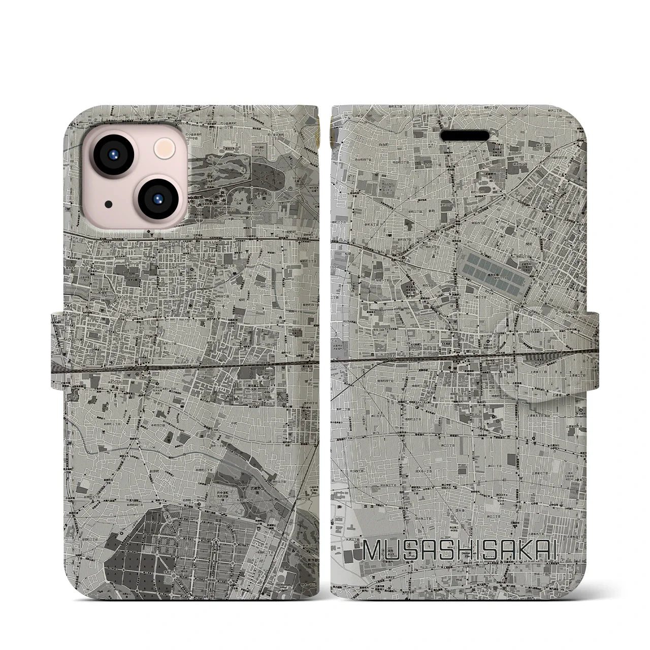 【武蔵境2(東京都)】地図柄iPhoneケース(手帳タイプ)モノトーン・iPhone 13 mini 用