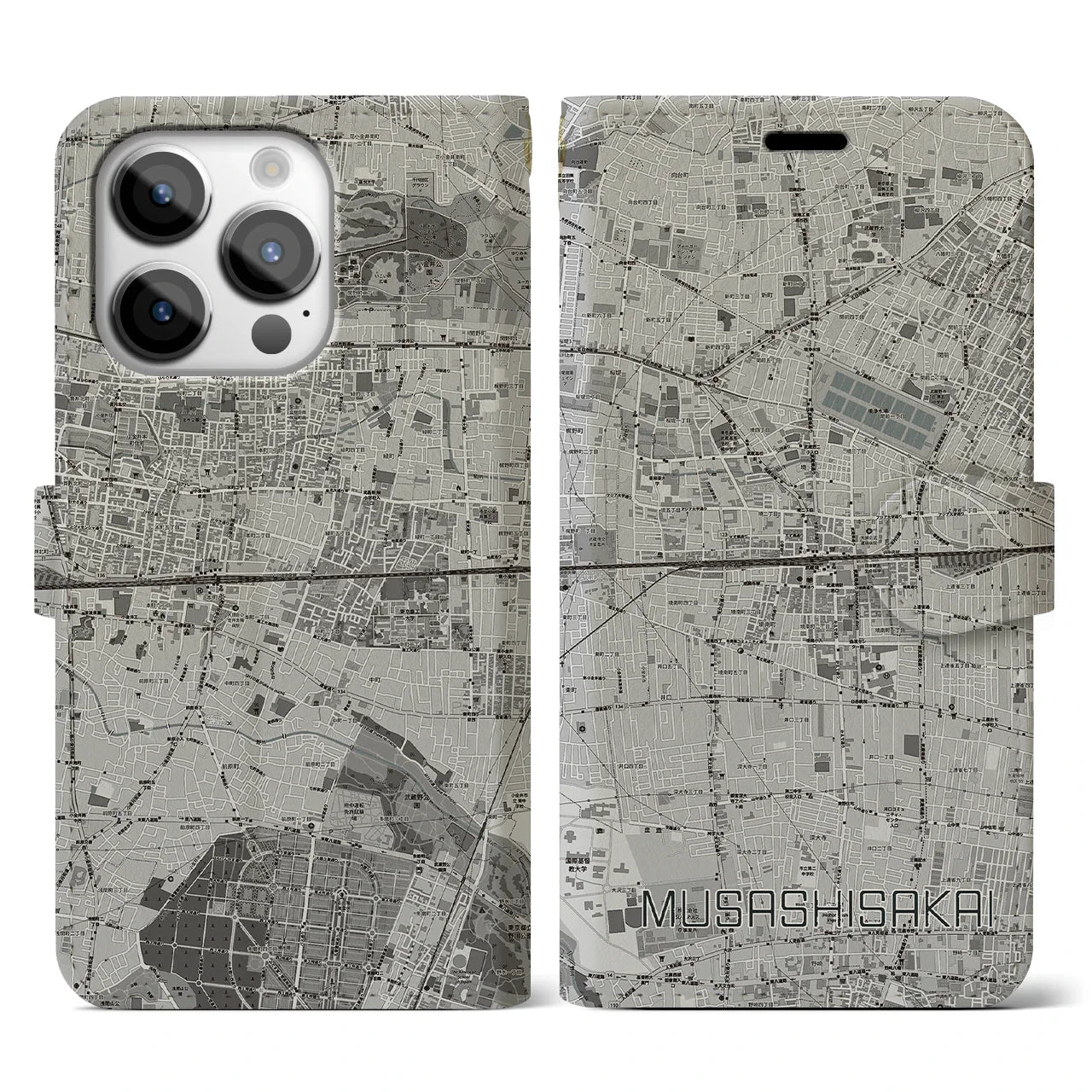 【武蔵境2(東京都)】地図柄iPhoneケース(手帳タイプ)モノトーン・iPhone 14 Pro 用