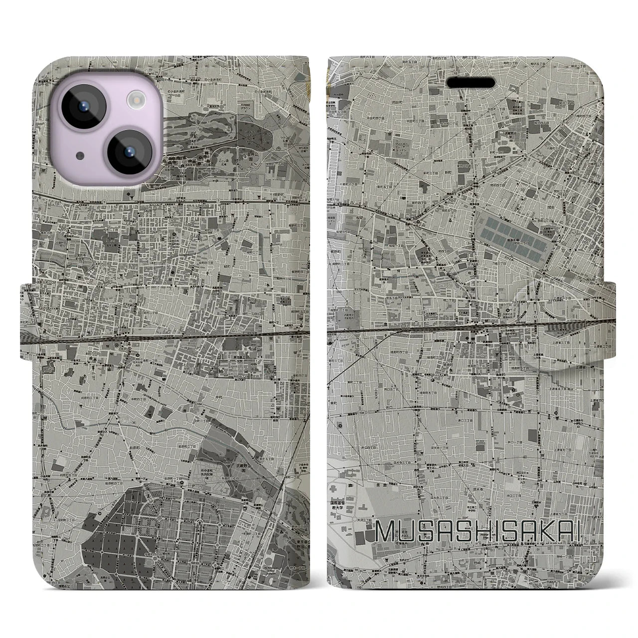 【武蔵境2(東京都)】地図柄iPhoneケース(手帳タイプ)モノトーン・iPhone 14 用