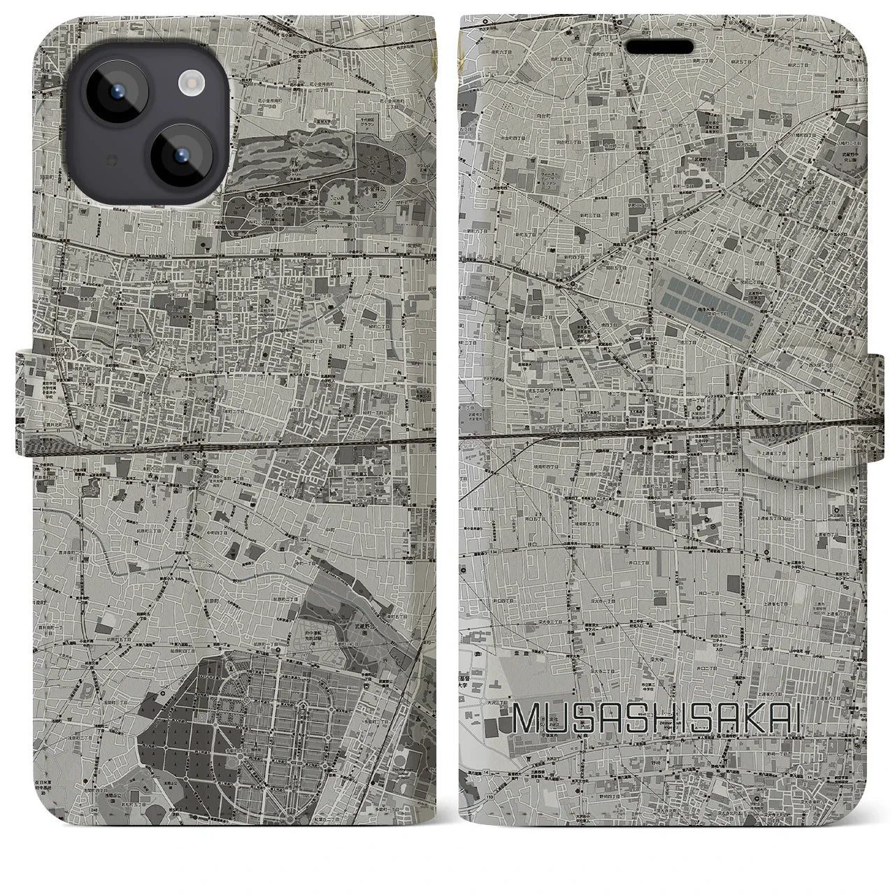 【武蔵境2(東京都)】地図柄iPhoneケース(手帳タイプ)モノトーン・iPhone 14 Plus 用
