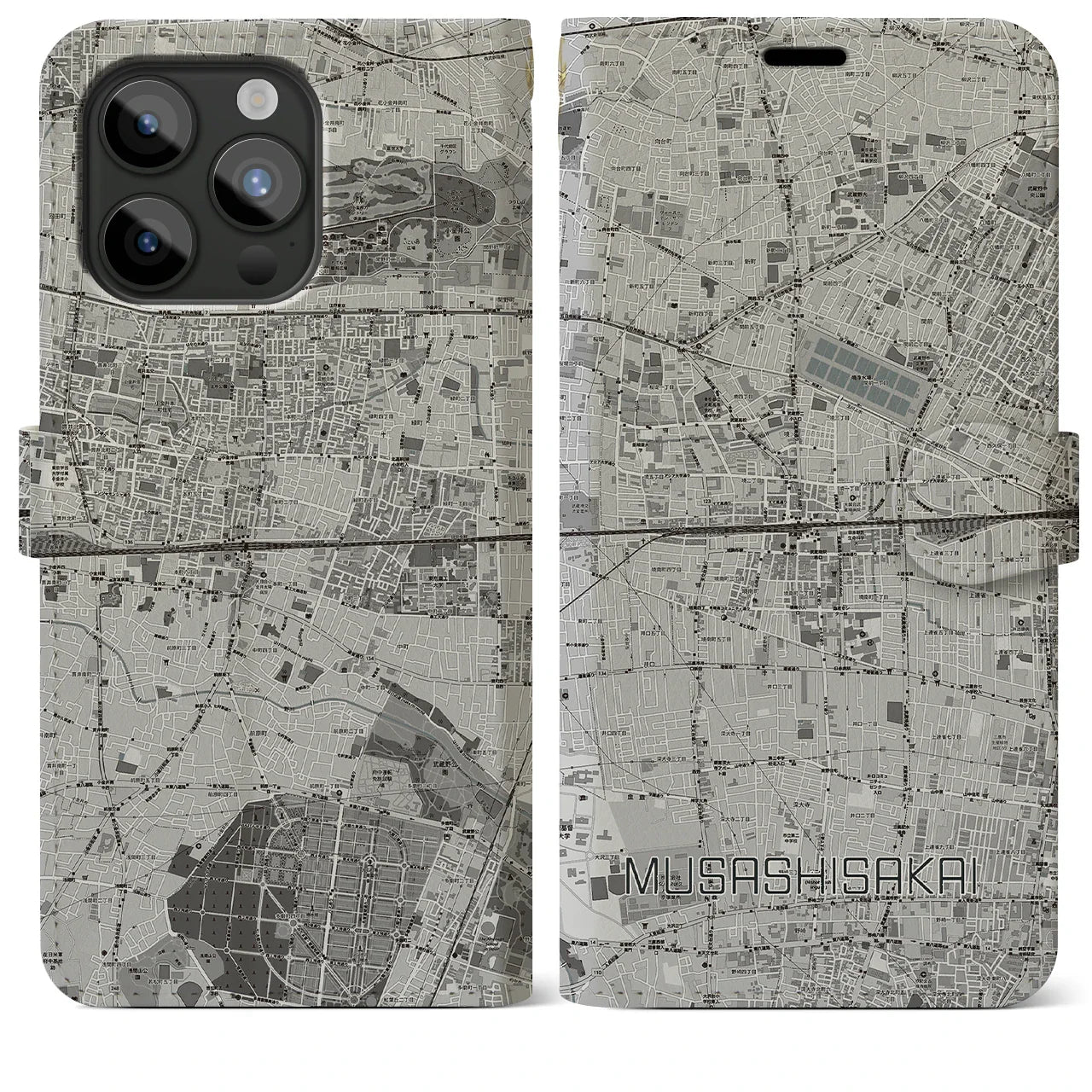 【武蔵境2(東京都)】地図柄iPhoneケース(手帳タイプ)モノトーン・iPhone 15 Pro Max 用
