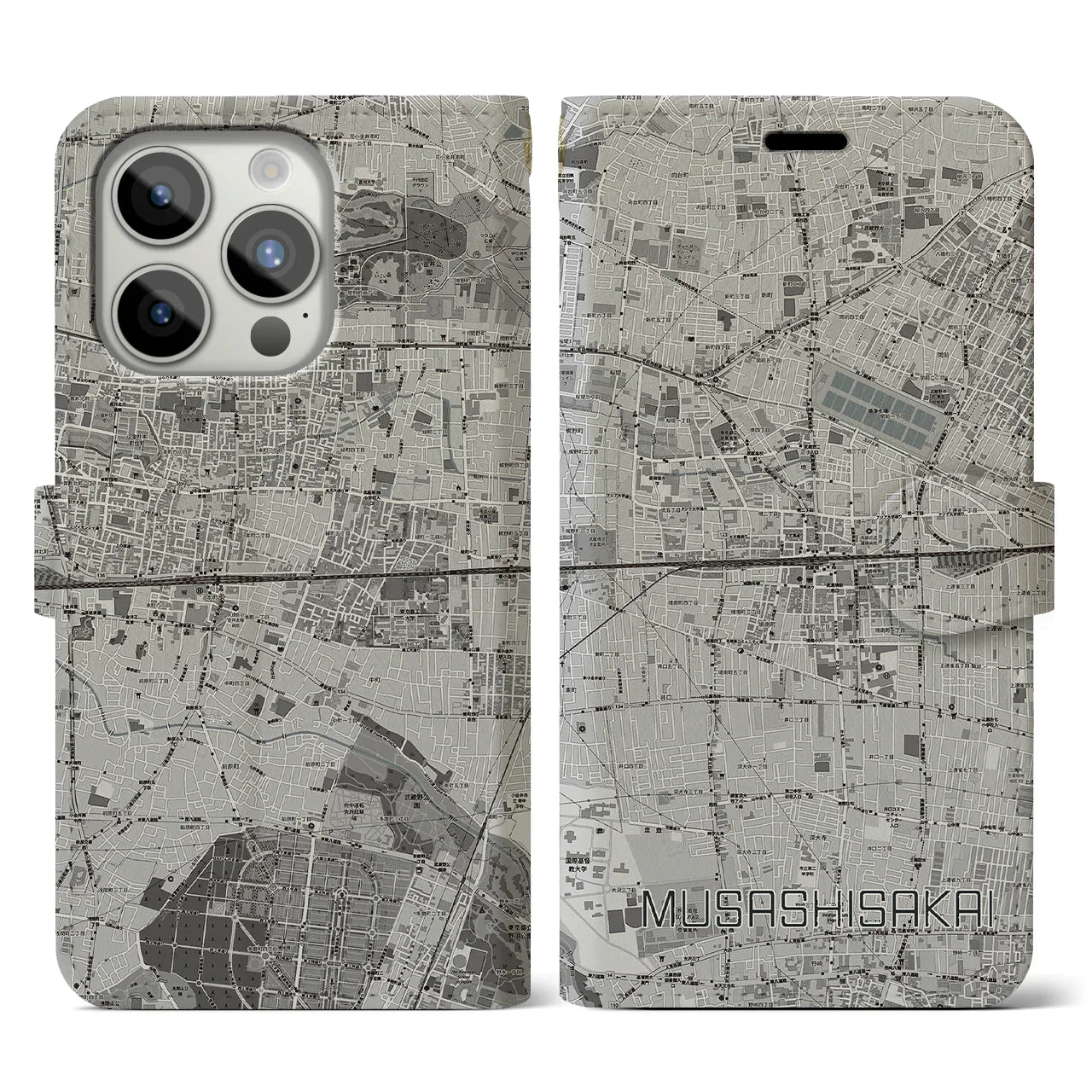 【武蔵境2(東京都)】地図柄iPhoneケース(手帳タイプ)モノトーン・iPhone 15 Pro 用