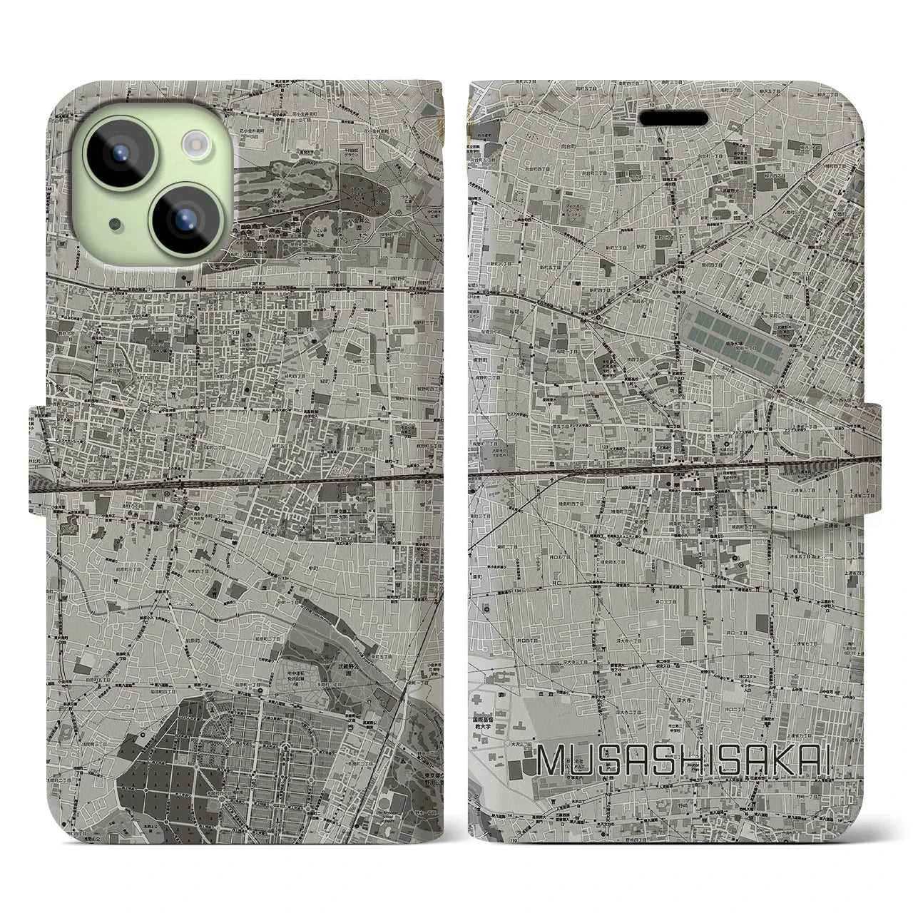 【武蔵境2(東京都)】地図柄iPhoneケース(手帳タイプ)モノトーン・iPhone 15 用