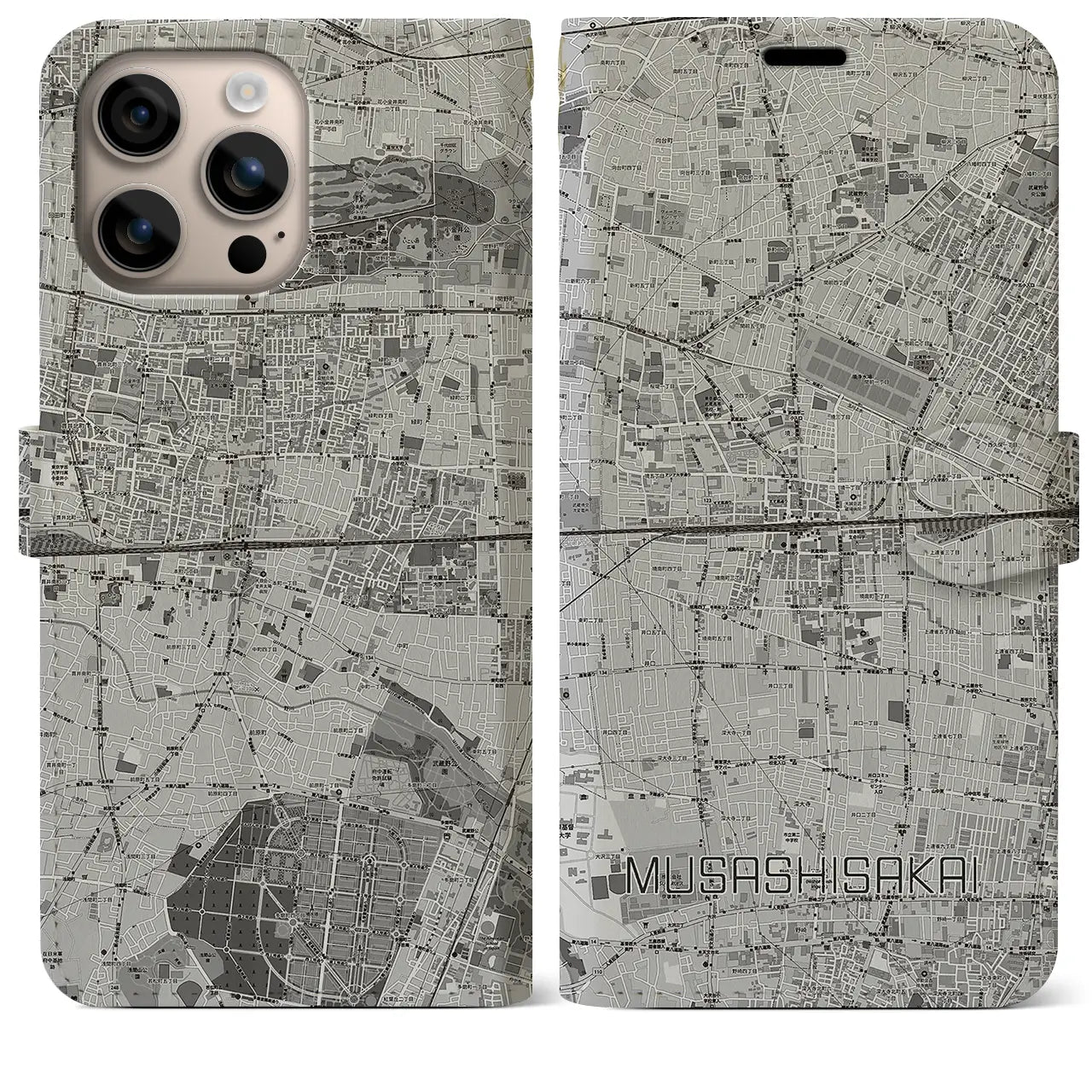 【武蔵境2(東京都)】地図柄iPhoneケース(手帳タイプ)モノトーン・iPhone 16 Plus 用