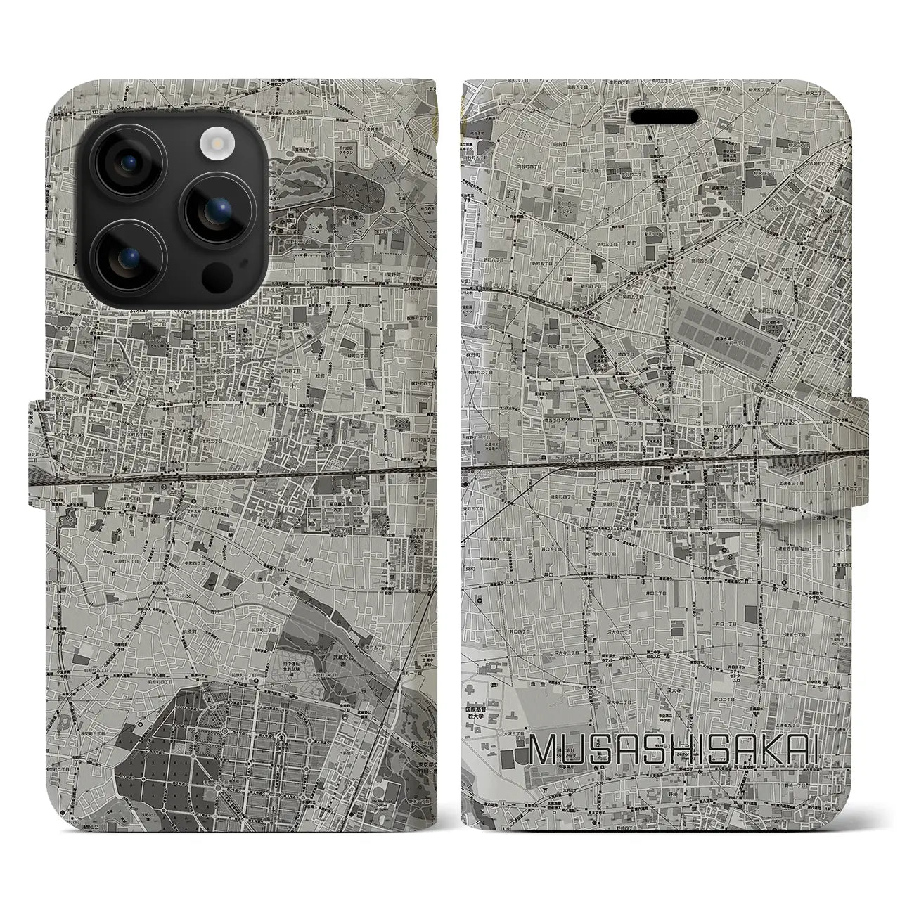 【武蔵境2(東京都)】地図柄iPhoneケース(手帳タイプ)モノトーン・iPhone 16 用