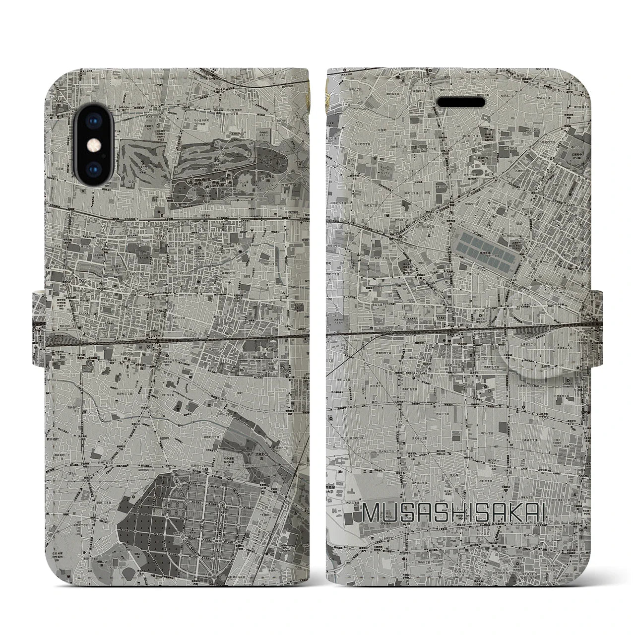 【武蔵境2(東京都)】地図柄iPhoneケース(手帳タイプ)モノトーン・iPhone XS / X 用