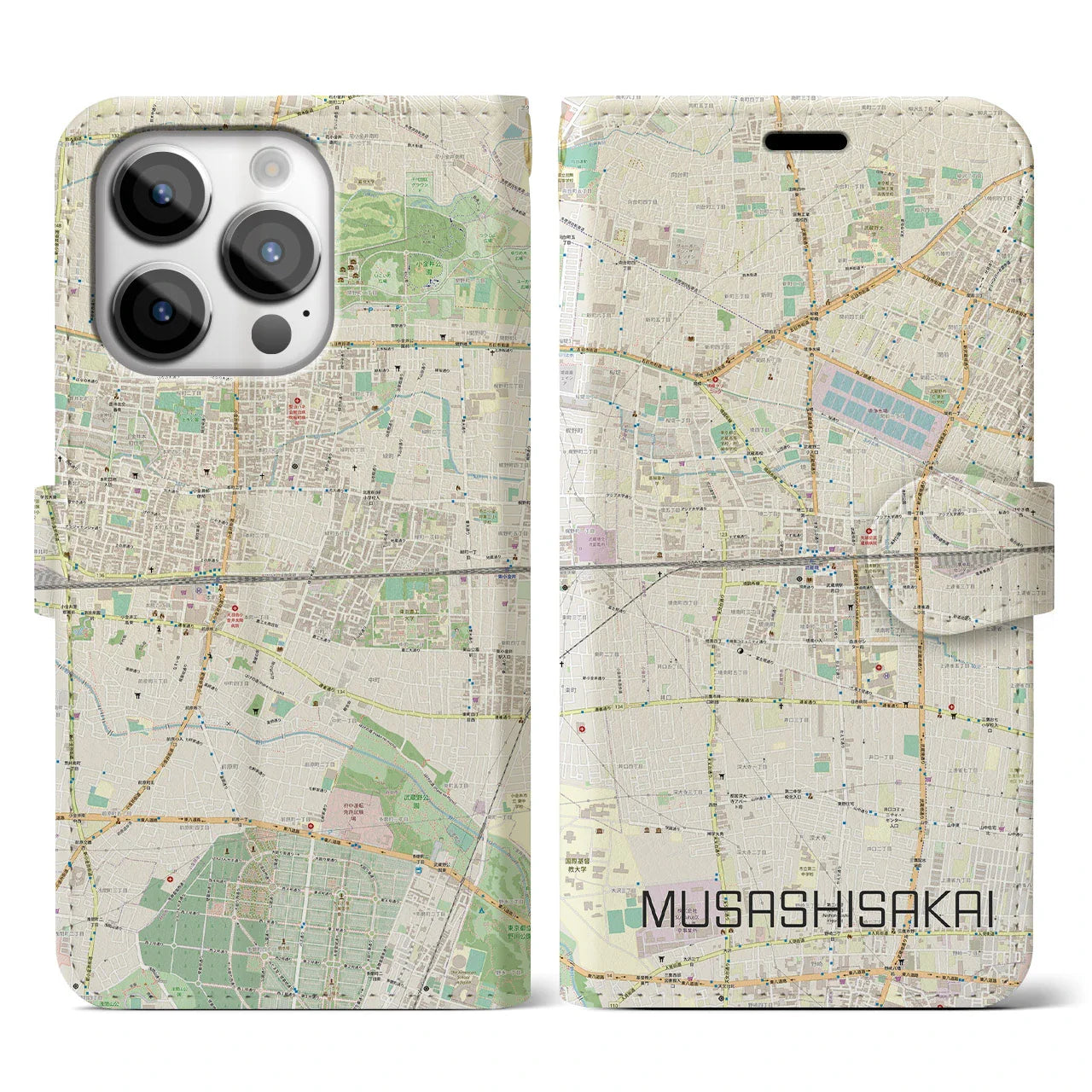 【武蔵境2(東京都)】地図柄iPhoneケース(手帳タイプ)ナチュラル・iPhone 14 Pro 用