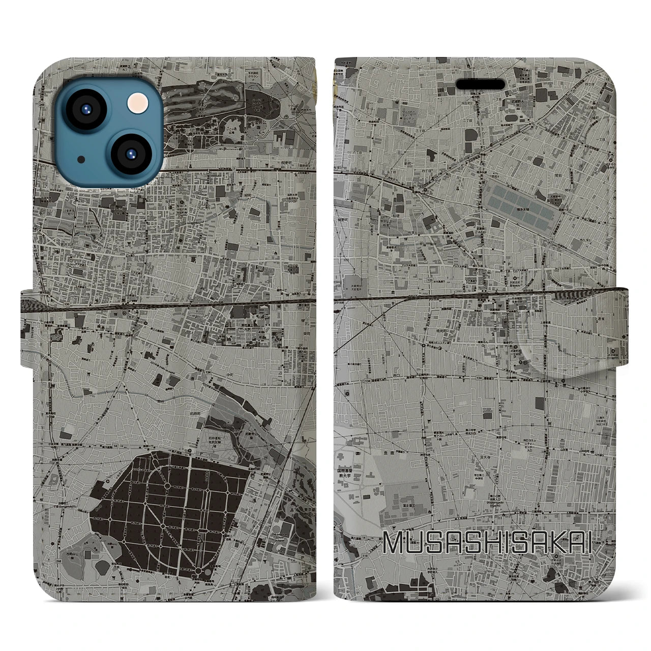 【武蔵境(東京都)】地図柄iPhoneケース(手帳タイプ)モノトーン・iPhone 13 用