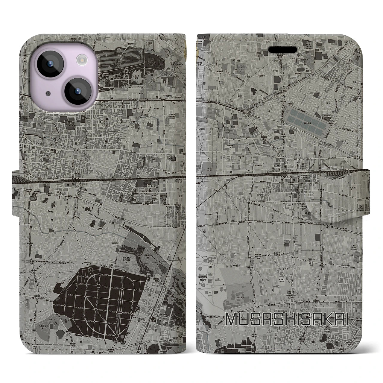 【武蔵境(東京都)】地図柄iPhoneケース(手帳タイプ)モノトーン・iPhone 14 用