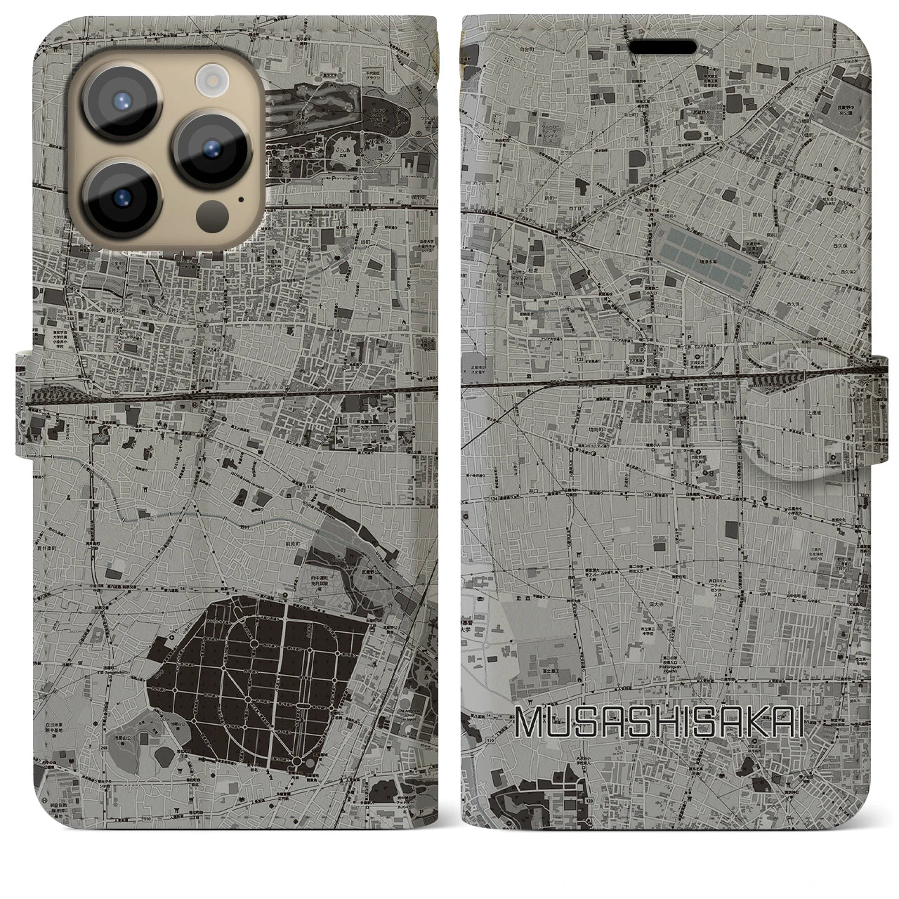 【武蔵境(東京都)】地図柄iPhoneケース(手帳タイプ)モノトーン・iPhone 14 Pro Max 用
