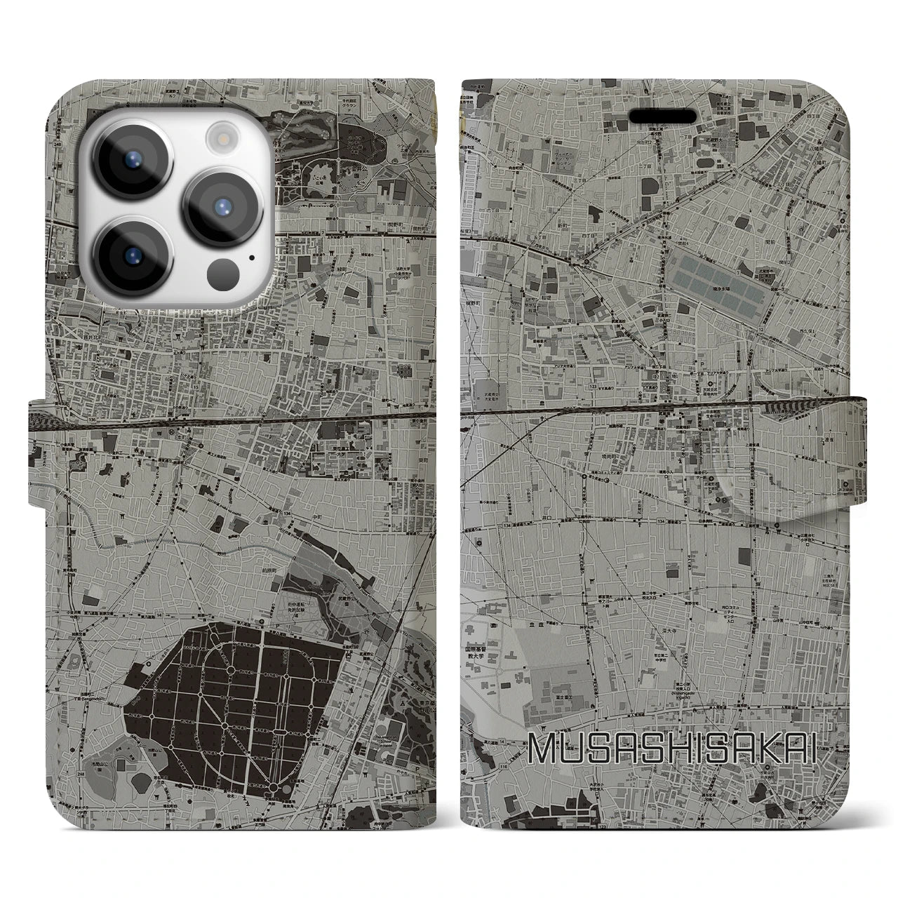 【武蔵境(東京都)】地図柄iPhoneケース(手帳タイプ)モノトーン・iPhone 14 Pro 用