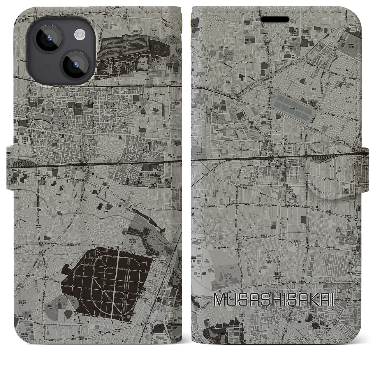 【武蔵境(東京都)】地図柄iPhoneケース(手帳タイプ)モノトーン・iPhone 14 Plus 用
