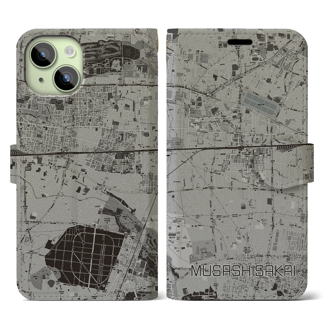 【武蔵境(東京都)】地図柄iPhoneケース(手帳タイプ)モノトーン・iPhone 15 用