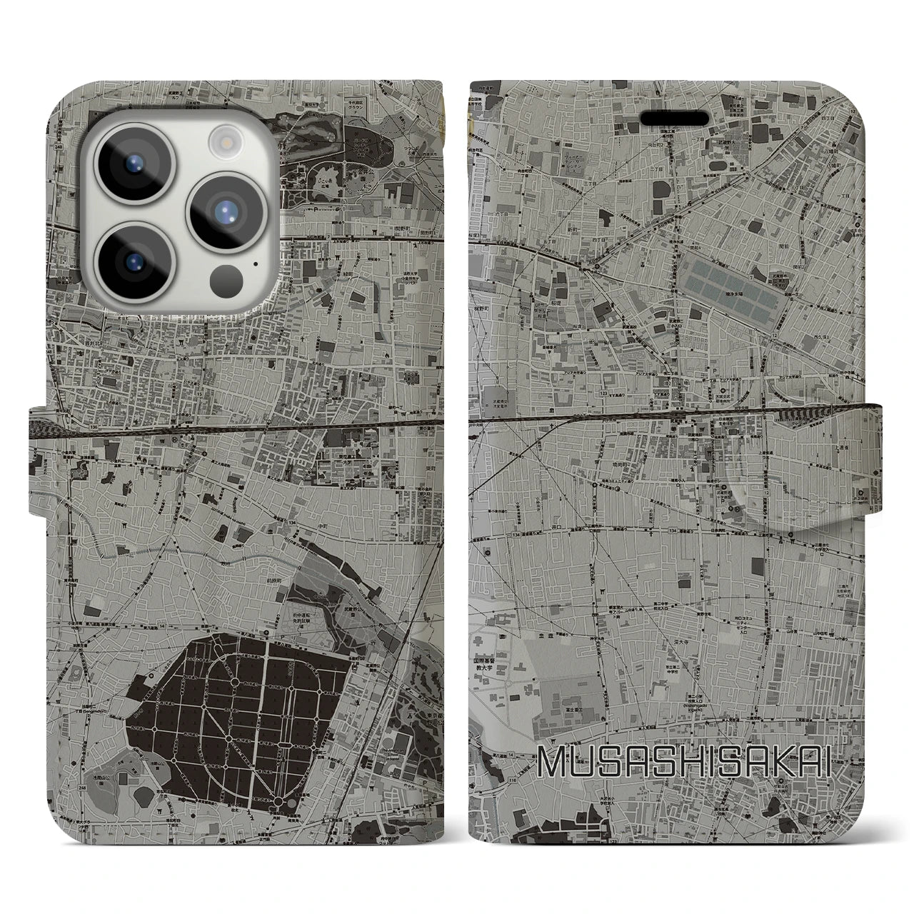 【武蔵境(東京都)】地図柄iPhoneケース(手帳タイプ)モノトーン・iPhone 15 Pro 用