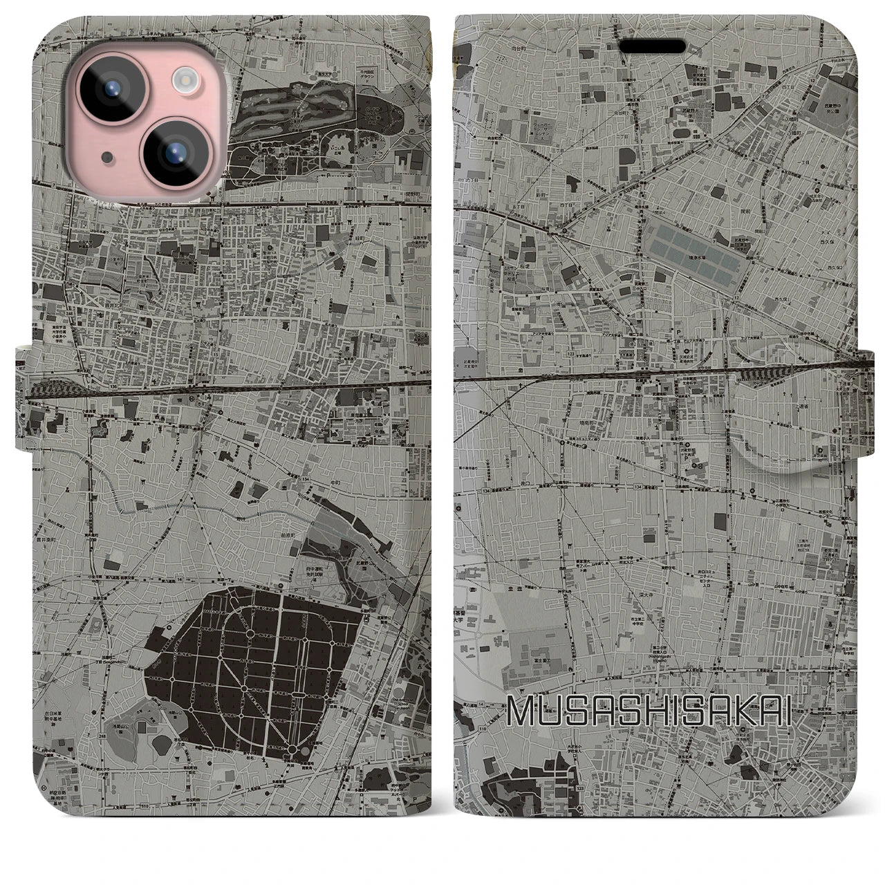【武蔵境(東京都)】地図柄iPhoneケース(手帳タイプ)モノトーン・iPhone 15 Plus 用