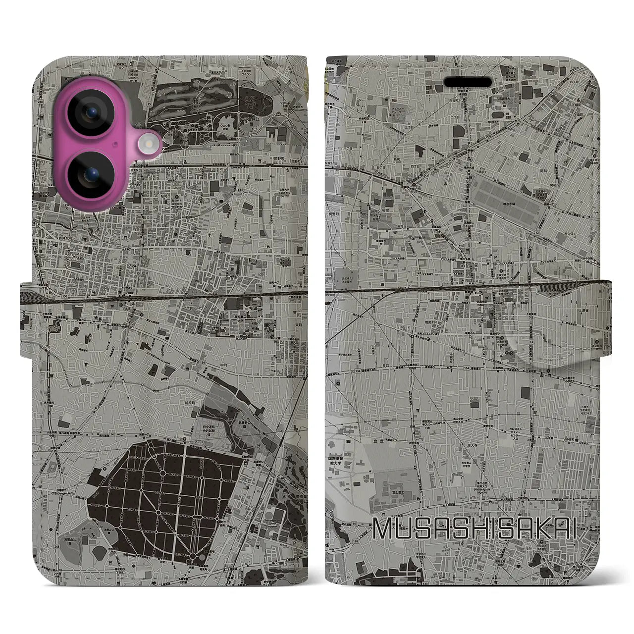 【武蔵境(東京都)】地図柄iPhoneケース(手帳タイプ)モノトーン・iPhone 16 Pro 用