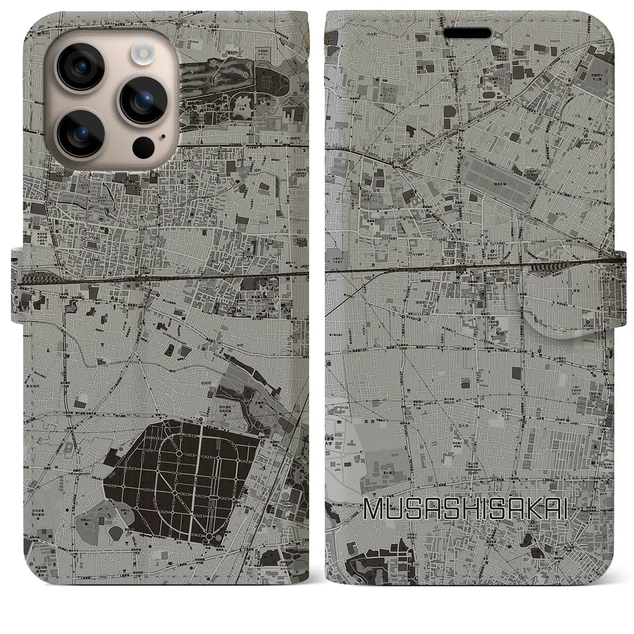 【武蔵境(東京都)】地図柄iPhoneケース(手帳タイプ)モノトーン・iPhone 16 Plus 用