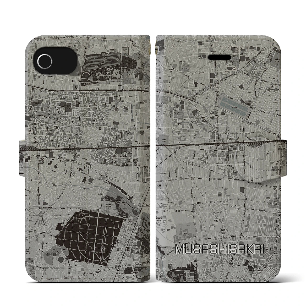 【武蔵境(東京都)】地図柄iPhoneケース(手帳タイプ)モノトーン・iPhone SE(第3 / 第2世代) / 8 / 7 / 6s / 6 用