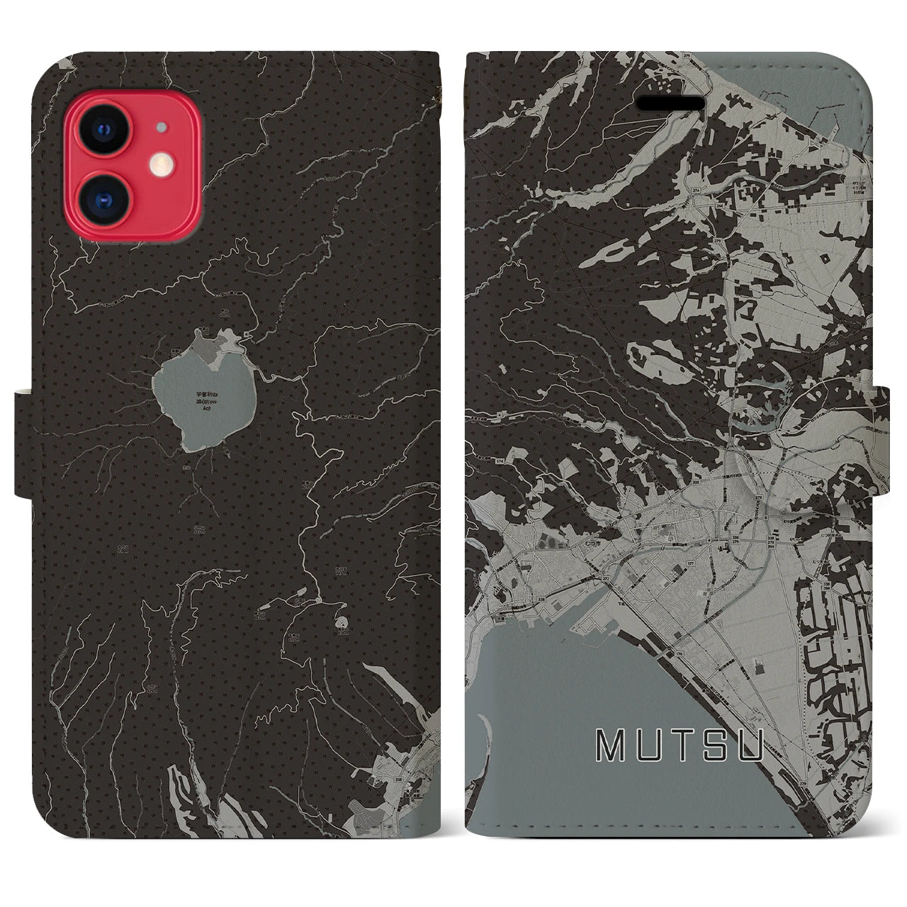 【むつ(青森県)】地図柄iPhoneケース(手帳タイプ)モノトーン・iPhone 11 用