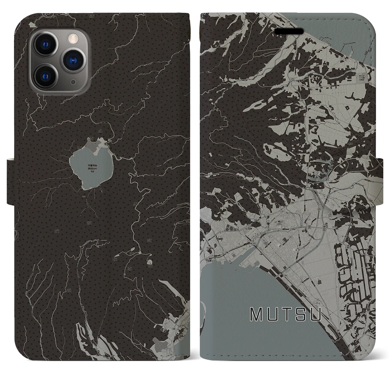 【むつ(青森県)】地図柄iPhoneケース(手帳タイプ)モノトーン・iPhone 11 Pro Max 用