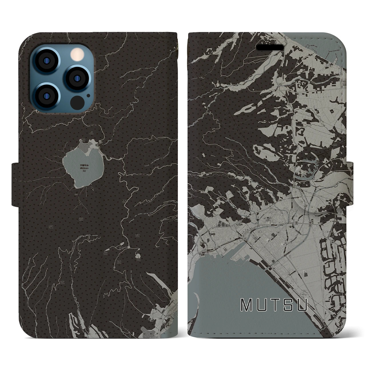 【むつ(青森県)】地図柄iPhoneケース(手帳タイプ)モノトーン・iPhone 12 / 12 Pro 用