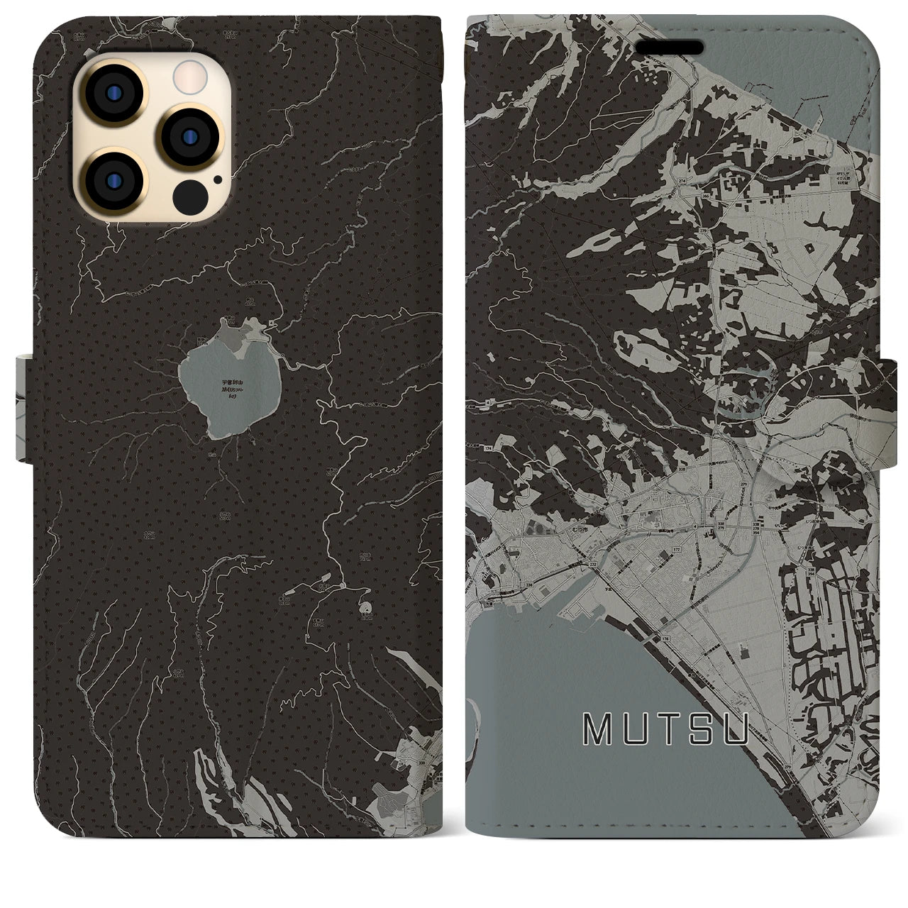 【むつ(青森県)】地図柄iPhoneケース(手帳タイプ)モノトーン・iPhone 12 Pro Max 用