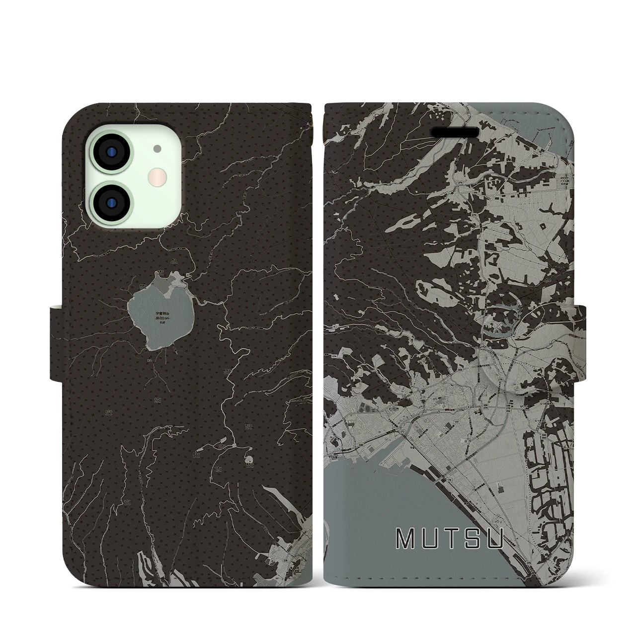 【むつ(青森県)】地図柄iPhoneケース(手帳タイプ)モノトーン・iPhone 12 mini 用