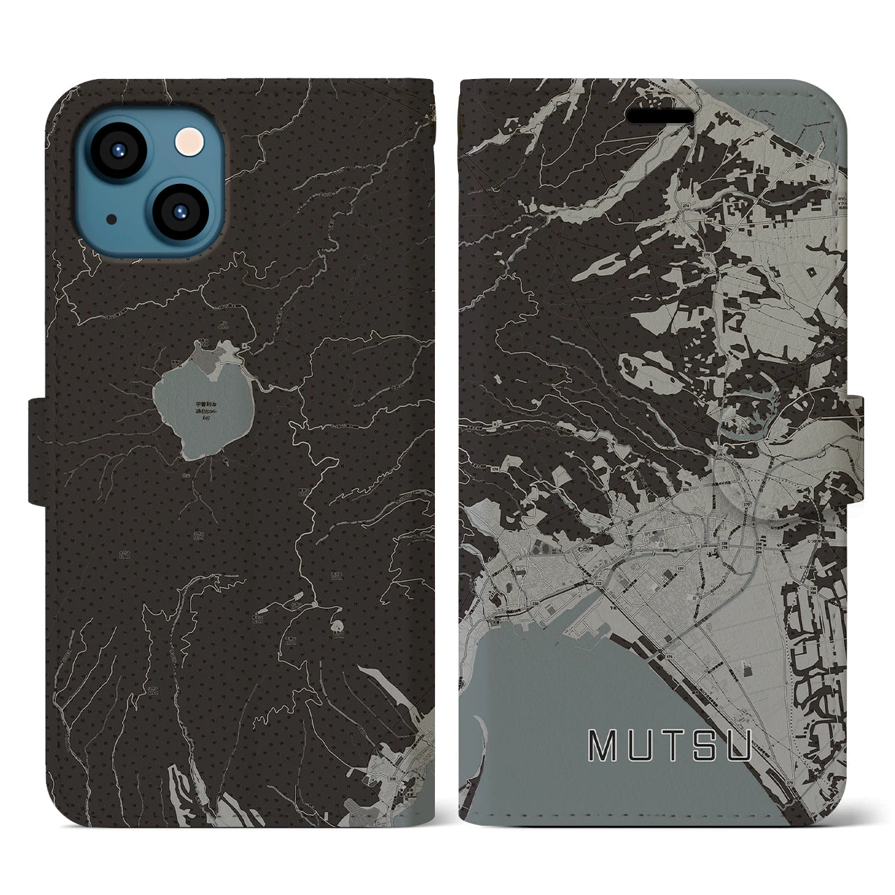 【むつ(青森県)】地図柄iPhoneケース(手帳タイプ)モノトーン・iPhone 13 用