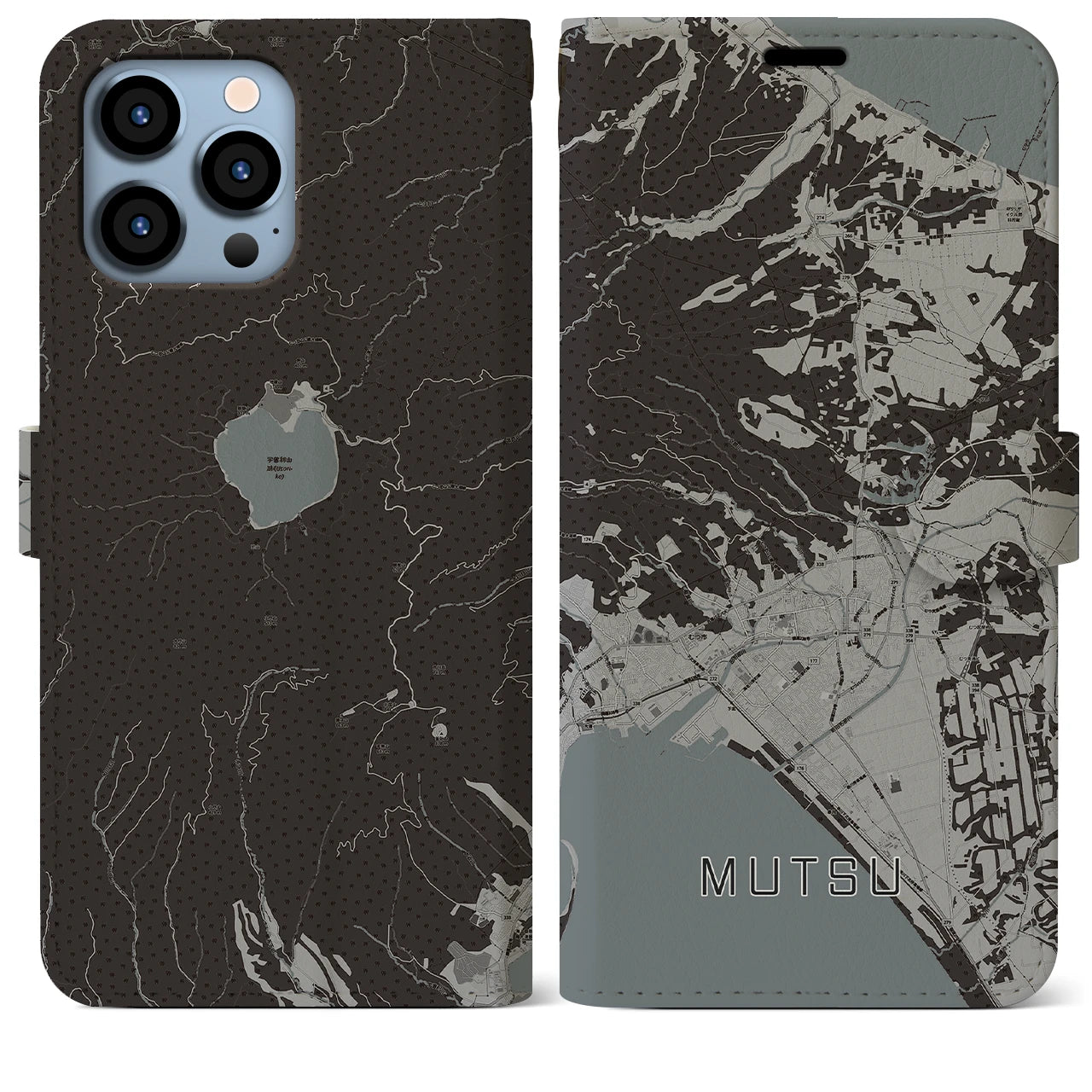 【むつ(青森県)】地図柄iPhoneケース(手帳タイプ)モノトーン・iPhone 13 Pro Max 用
