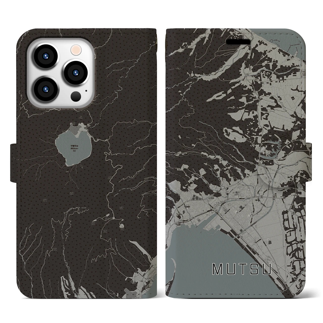 【むつ(青森県)】地図柄iPhoneケース(手帳タイプ)モノトーン・iPhone 13 Pro 用