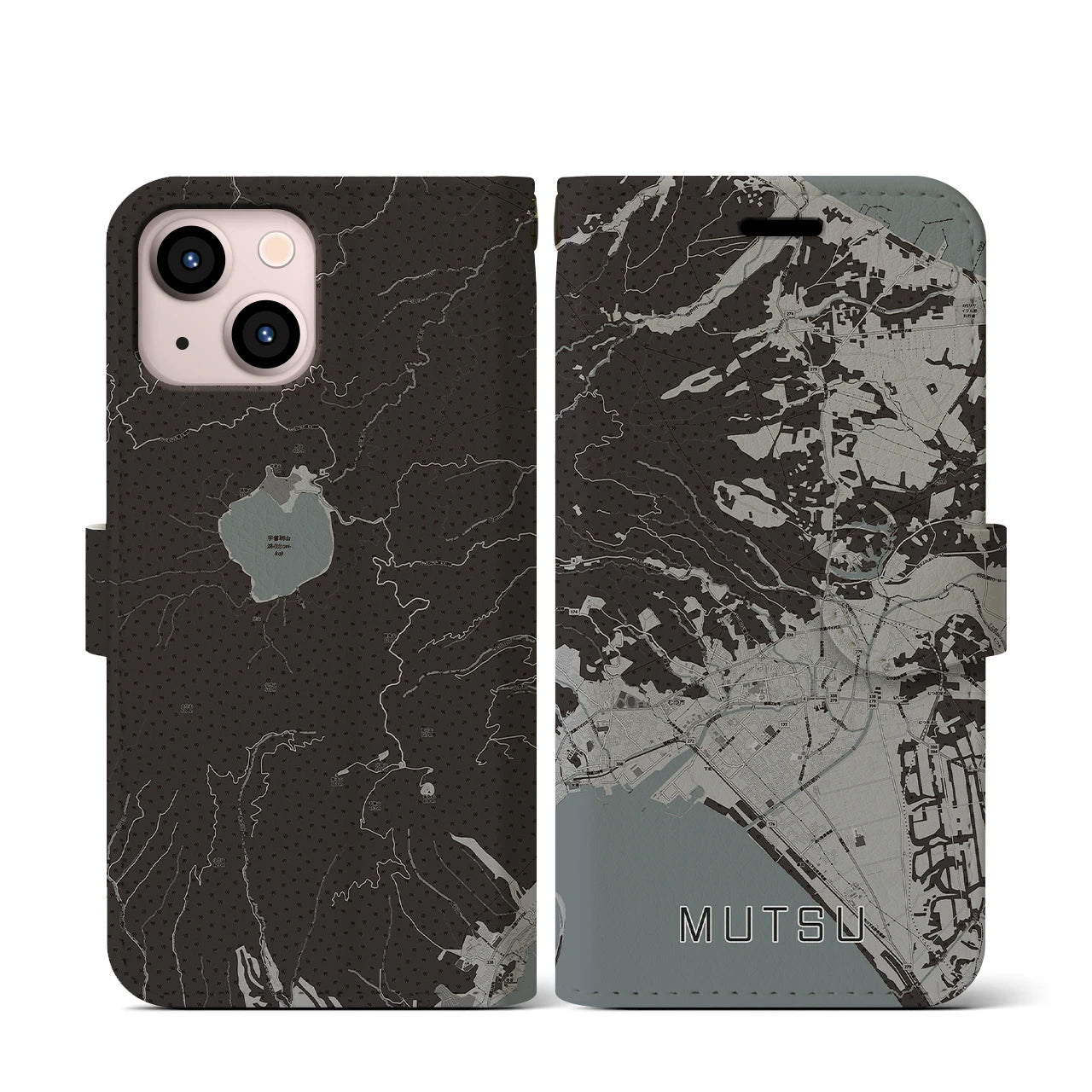 【むつ(青森県)】地図柄iPhoneケース(手帳タイプ)モノトーン・iPhone 13 mini 用