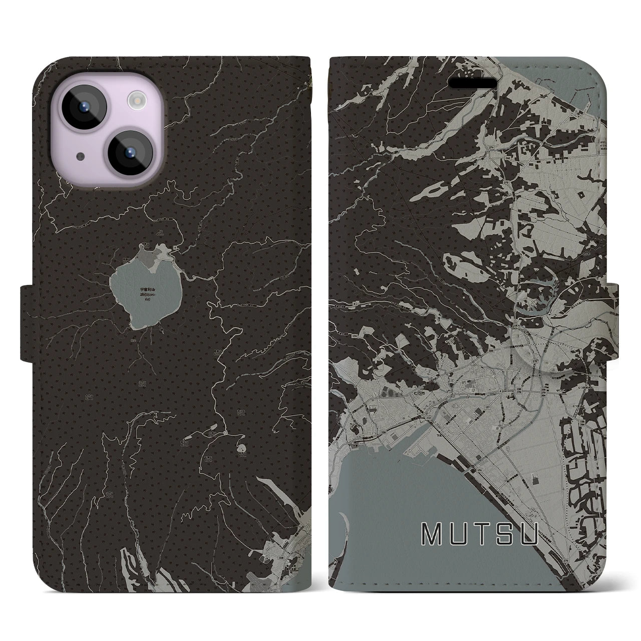 【むつ(青森県)】地図柄iPhoneケース(手帳タイプ)モノトーン・iPhone 14 用