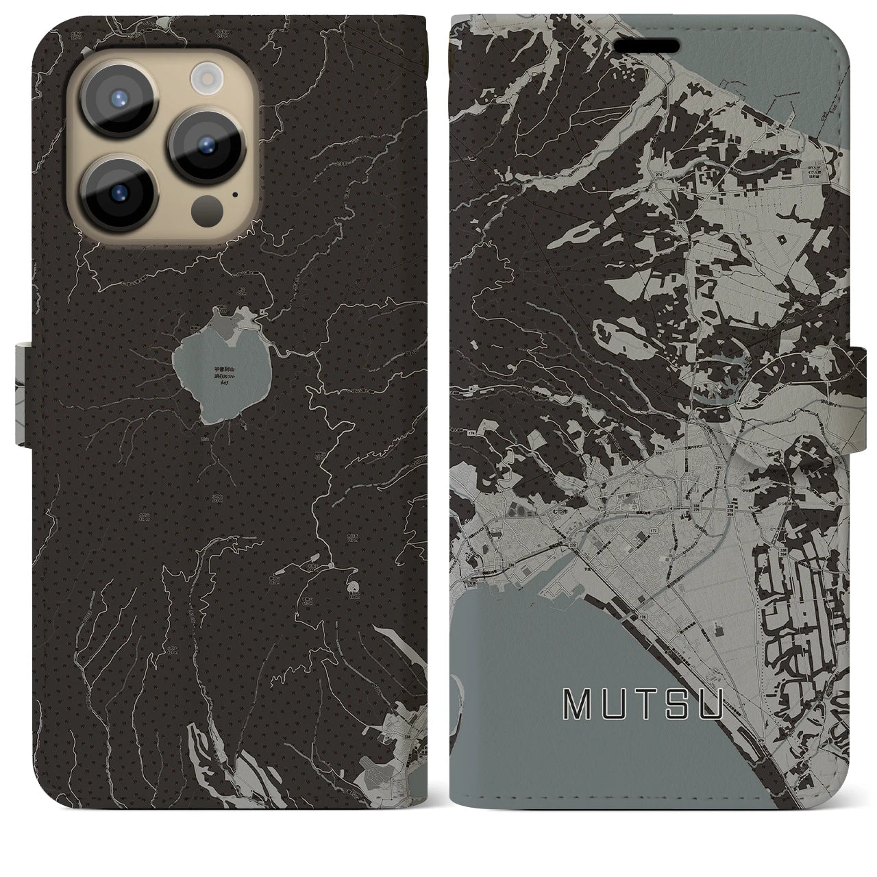 【むつ(青森県)】地図柄iPhoneケース(手帳タイプ)モノトーン・iPhone 14 Pro Max 用