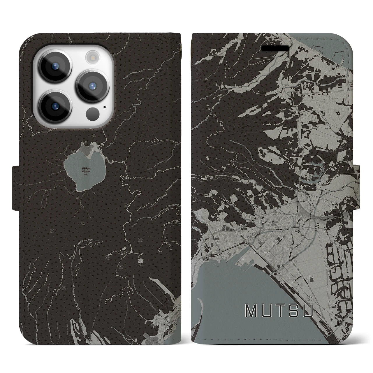 【むつ(青森県)】地図柄iPhoneケース(手帳タイプ)モノトーン・iPhone 14 Pro 用