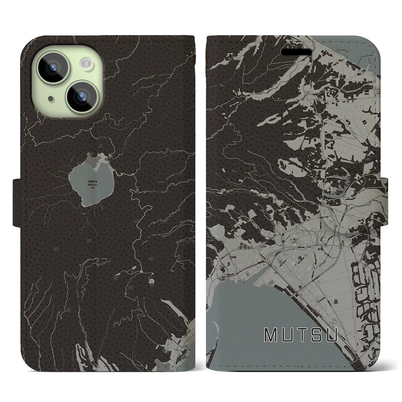 【むつ(青森県)】地図柄iPhoneケース(手帳タイプ)モノトーン・iPhone 15 用