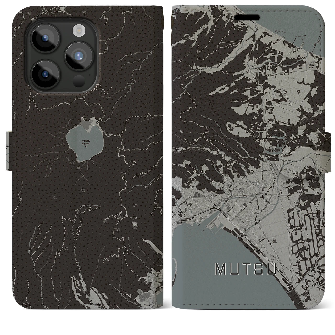 【むつ(青森県)】地図柄iPhoneケース(手帳タイプ)モノトーン・iPhone 15 Pro Max 用
