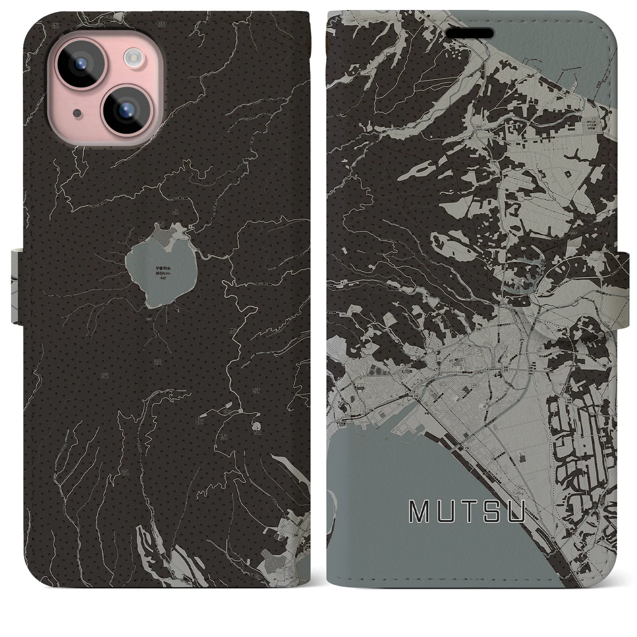 【むつ(青森県)】地図柄iPhoneケース(手帳タイプ)モノトーン・iPhone 15 Plus 用