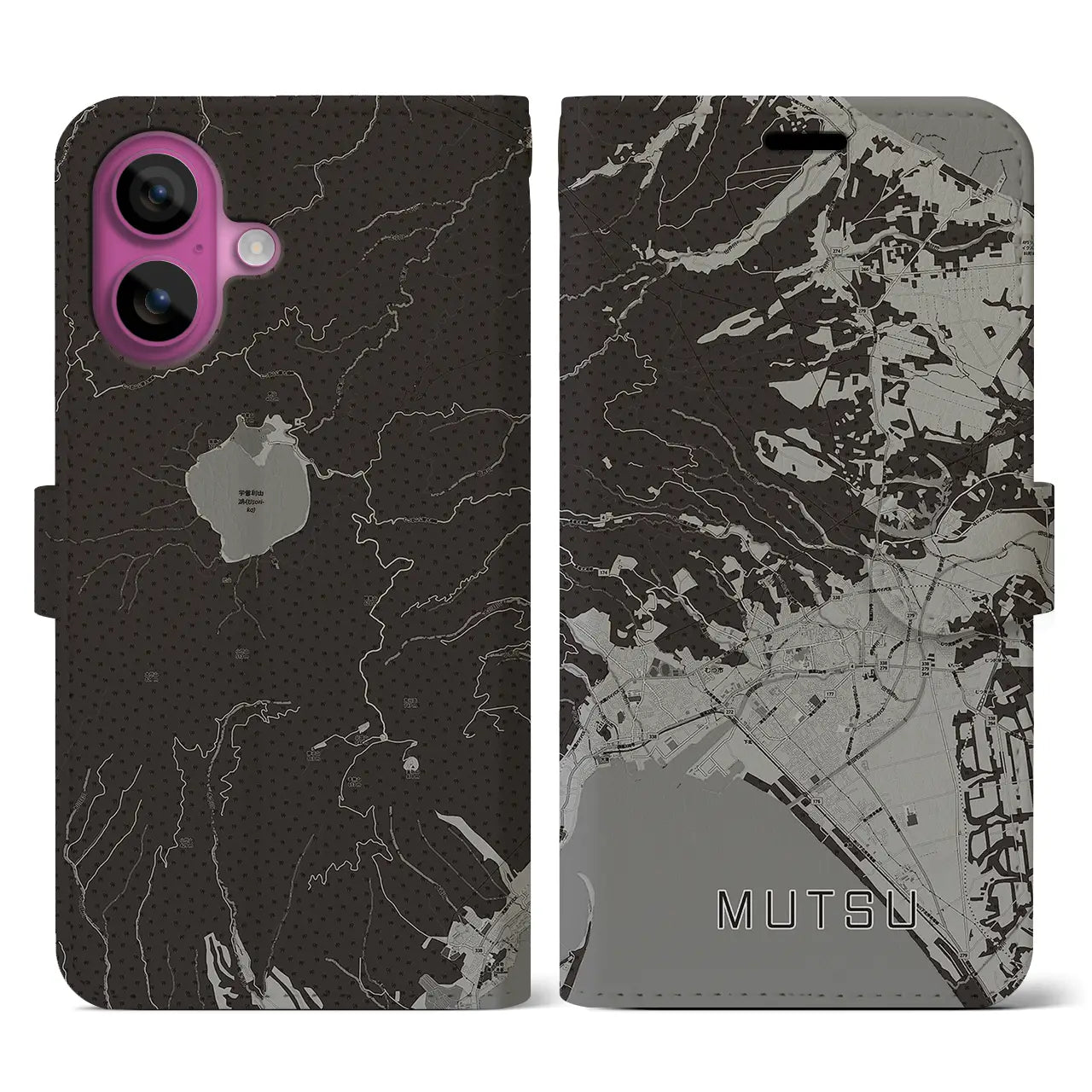 【むつ(青森県)】地図柄iPhoneケース(手帳タイプ)モノトーン・iPhone 16 Pro 用