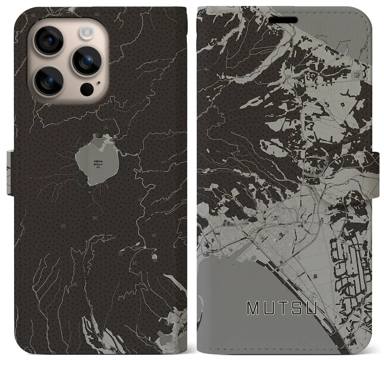 【むつ(青森県)】地図柄iPhoneケース(手帳タイプ)モノトーン・iPhone 16 Plus 用