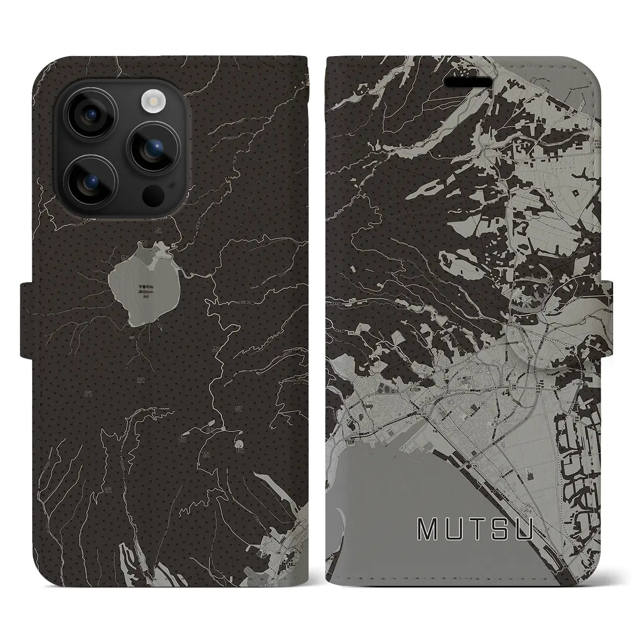 【むつ(青森県)】地図柄iPhoneケース(手帳タイプ)モノトーン・iPhone 16 用