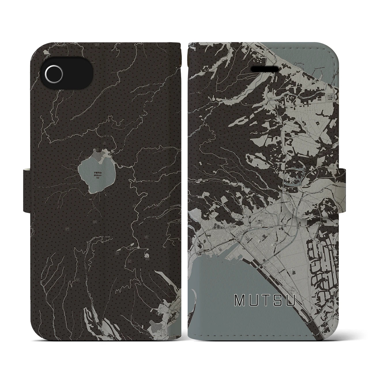 【むつ(青森県)】地図柄iPhoneケース(手帳タイプ)モノトーン・iPhone SE(第3 / 第2世代) / 8 / 7 / 6s / 6 用