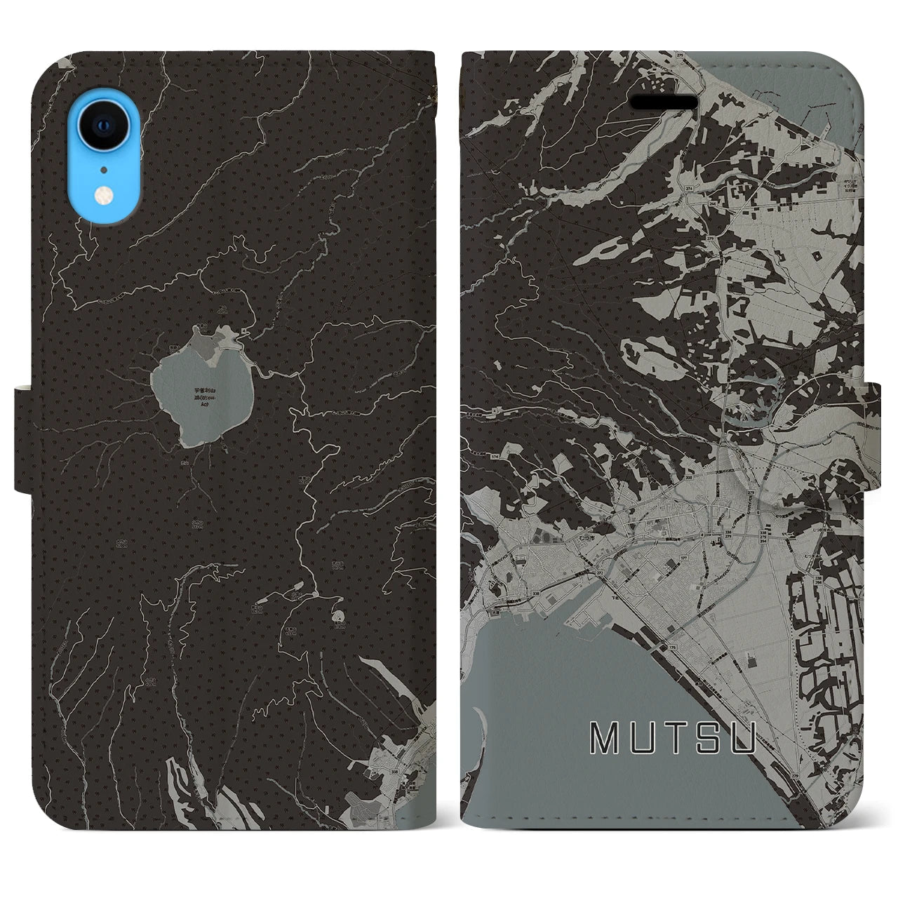 【むつ(青森県)】地図柄iPhoneケース(手帳タイプ)モノトーン・iPhone XR 用