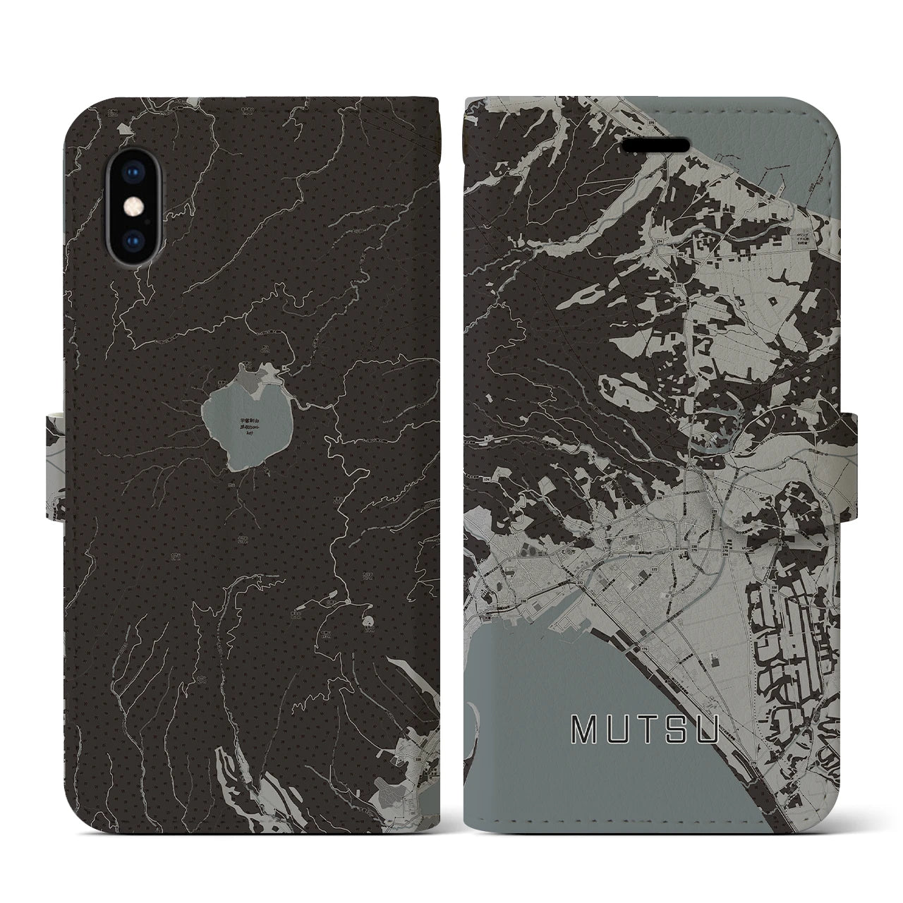 【むつ(青森県)】地図柄iPhoneケース(手帳タイプ)モノトーン・iPhone XS / X 用