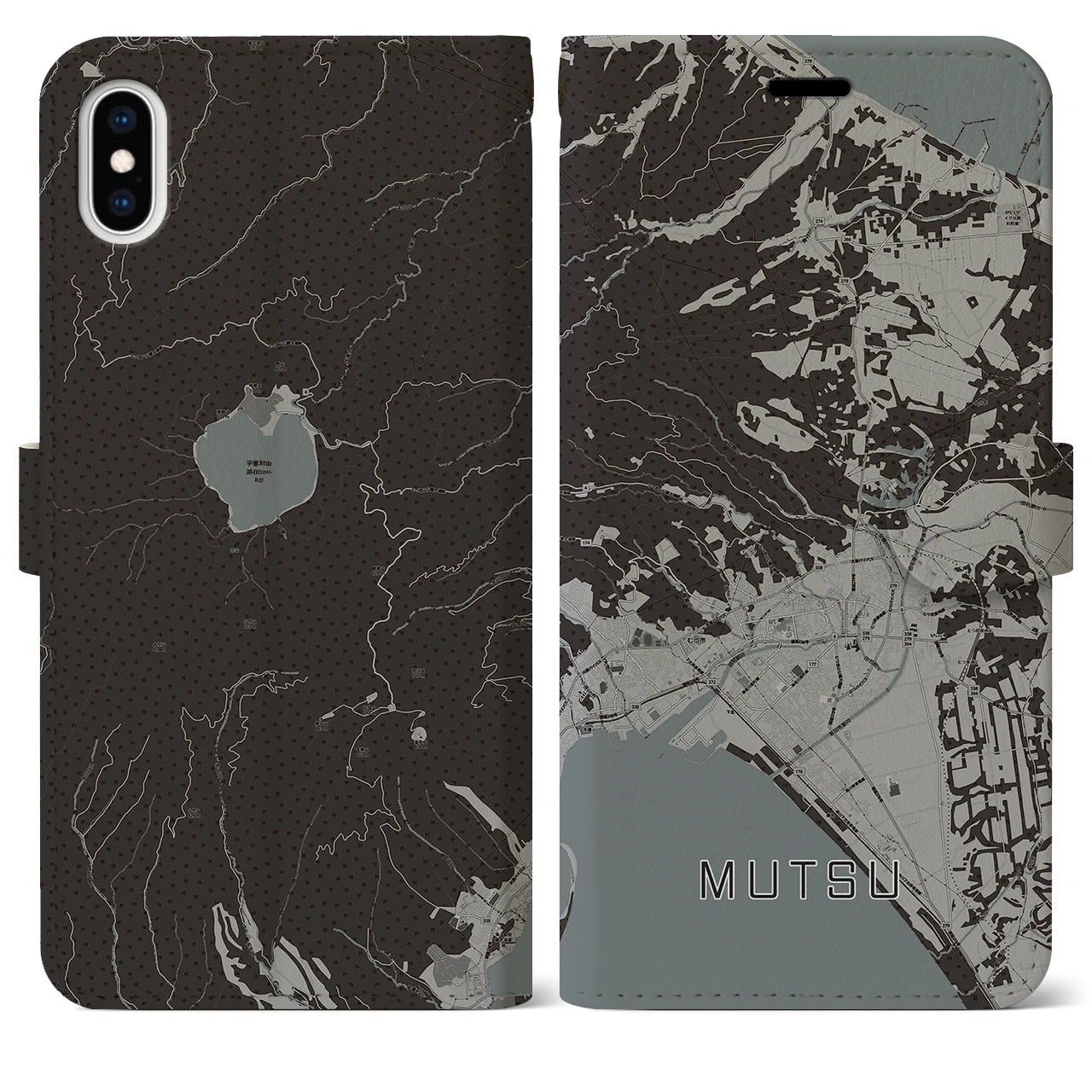 【むつ(青森県)】地図柄iPhoneケース(手帳タイプ)モノトーン・iPhone XS Max 用