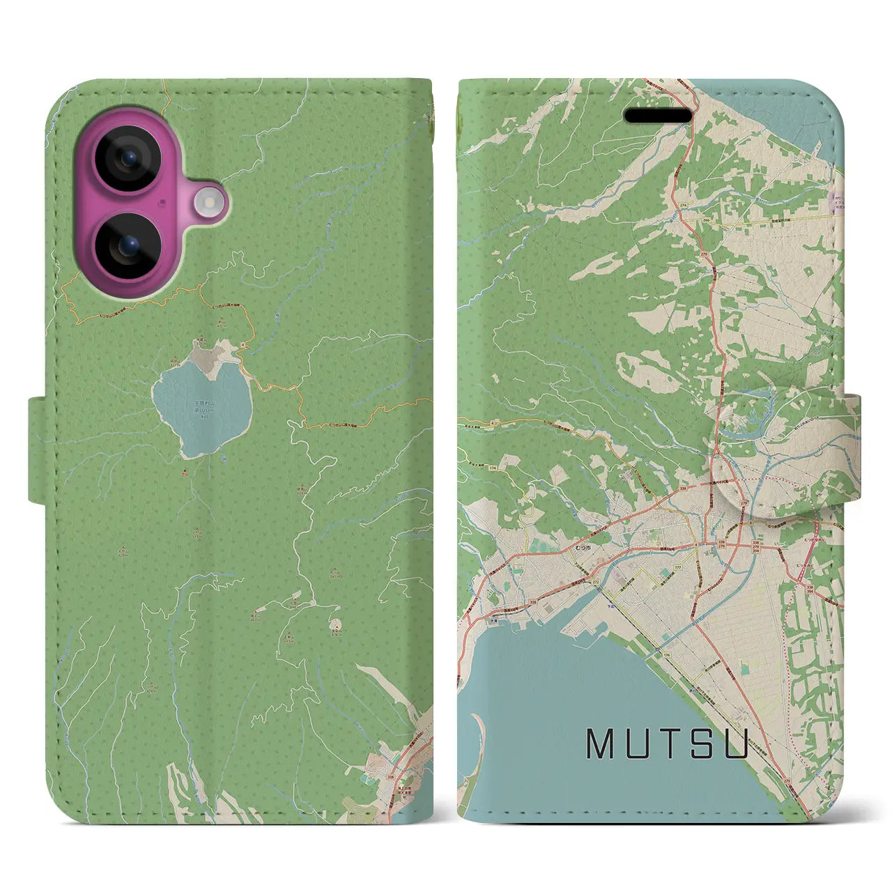 【むつ(青森県)】地図柄iPhoneケース(手帳タイプ)ナチュラル・iPhone 16 Pro 用