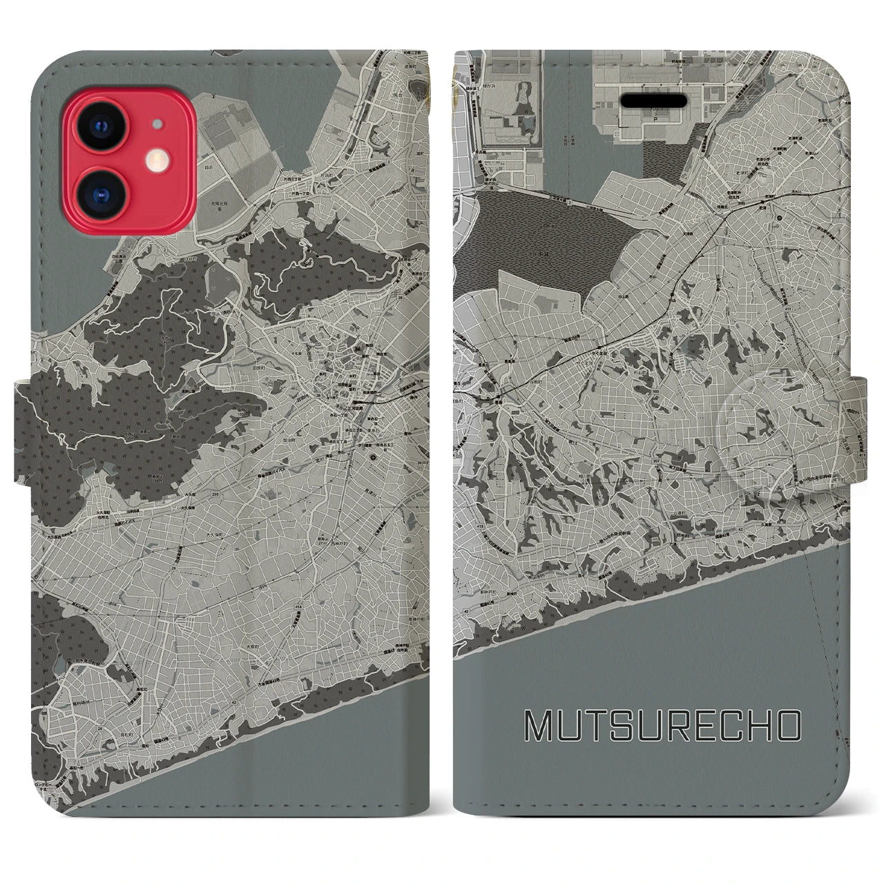 【六連町(愛知県)】地図柄iPhoneケース(手帳タイプ)モノトーン・iPhone 11 用