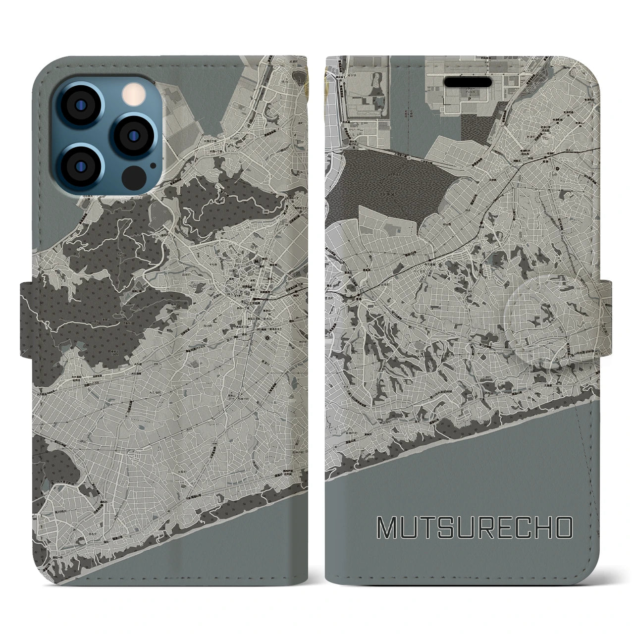 【六連町(愛知県)】地図柄iPhoneケース(手帳タイプ)モノトーン・iPhone 12 / 12 Pro 用