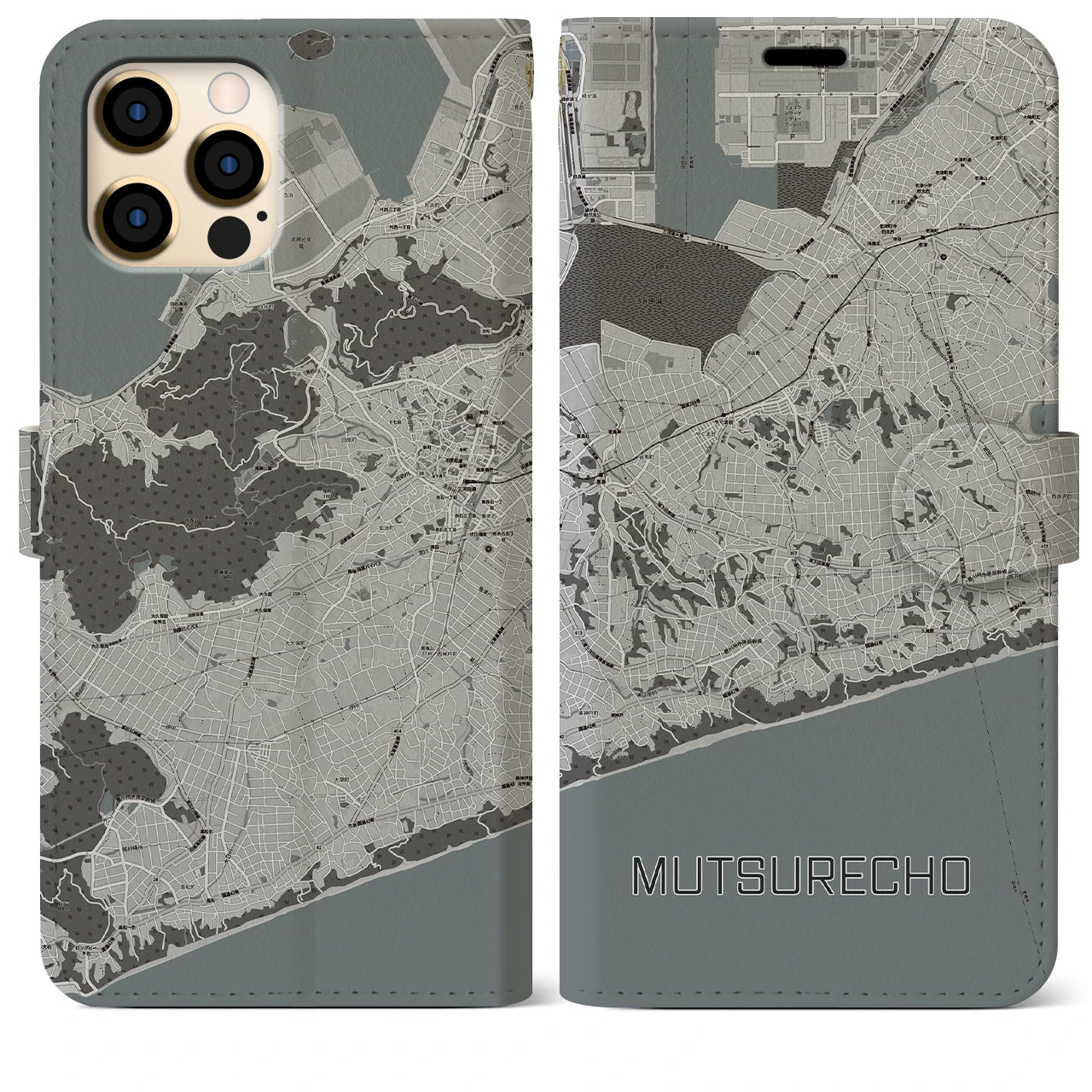 【六連町(愛知県)】地図柄iPhoneケース(手帳タイプ)モノトーン・iPhone 12 Pro Max 用