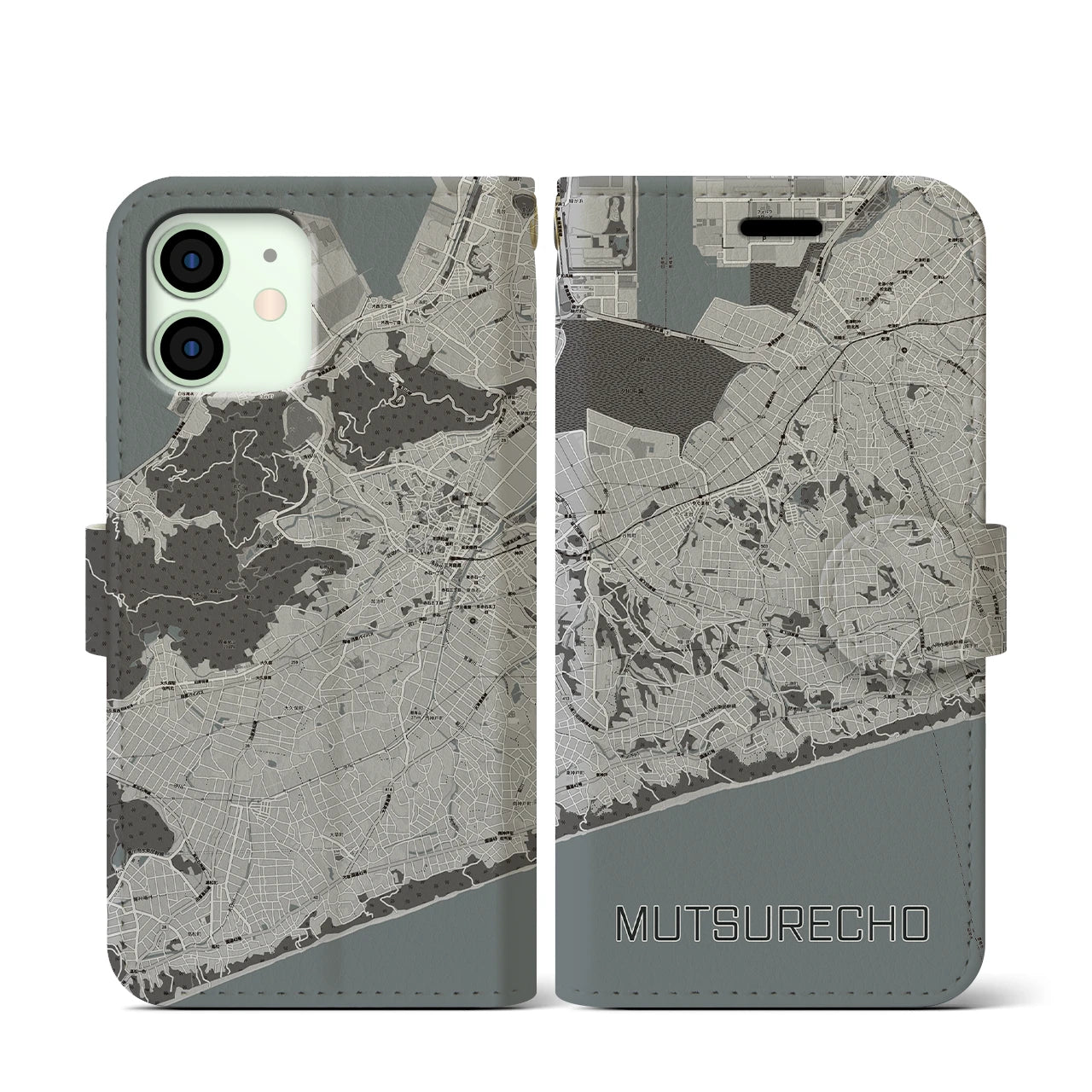 【六連町(愛知県)】地図柄iPhoneケース(手帳タイプ)モノトーン・iPhone 12 mini 用